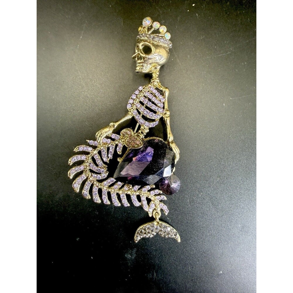 Gold Plated Rhinestone Skeletal Mermaid Austrian Crystal Articulated Tail Brooch